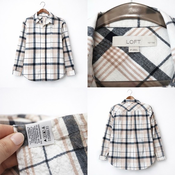 LOFT Petites Plaid Button Down Shirt Size SP Neutral Beige Navy 26" - Picture 2 of 6